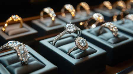 Luxury display case filled with diamond rings in a high-end jewelry store. The rings are elegantly arranged under warm spotlights.の素材
