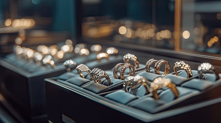 Luxury display case filled with diamond rings in a high-end jewelry store. The rings are elegantly arranged under warm spotlights.の素材