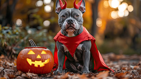 American Bully in a devil costume sitting by a jack-o'-lantern, its red cape and horns standing out against the autumn backdrop. Perfect for a fun and spooky Halloween vibe.の素材