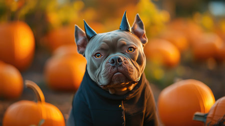 American Bully in full devil costume, posing for the camera next to a Halloween pumpkin patch, bathed in the orange glow of dusk. The devil horns add a playful yet fierce touch.の素材
