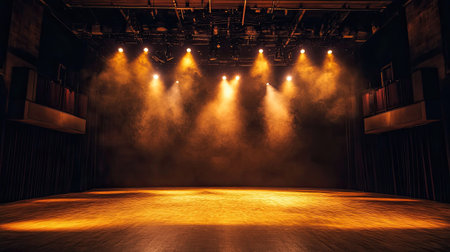 An empty theater stage, lit by powerful spotlights that sharply define the performance space, with a deep, dark background creating a dramatic and captivating atmosphere.の素材
