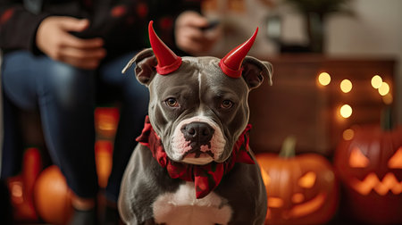 An American Bully being dressed up for Halloween, the owner adjusting its devil horns while the dog sits calmly, ready for the spooky night. Halloween decorations fill the room.の素材