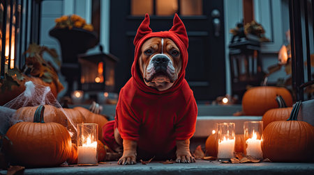American Bully in a red devil costume, sitting confidently on a doorstep surrounded by pumpkins, candles, and cobwebs, fully embracing the Halloween spirit. Perfect spooky atmosphere.の素材