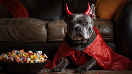 American Bully sitting calmly in a devil outfit, with red horns and a cape, next to a bowl of Halloween candy. The scene is cozy yet eerie, capturing the Halloween spirit perfectly.の素材