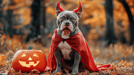 American Bully in a devil costume sitting by a jack-o'-lantern, its red cape and horns standing out against the autumn backdrop. Perfect for a fun and spooky Halloween vibe.の素材