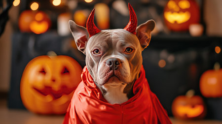 American Bully dog dressed in a devil costume, standing proudly with spooky Halloween decorations in the background, ready for the celebration. The dog looks both adorable and fierce.の素材