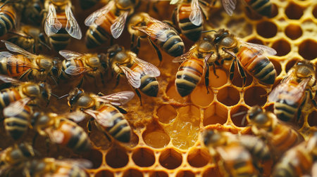 Beekeeper inspecting a frame filled with bees, highlighting the queen bee on the honeycomb as workers surround her in an active hive in the apiary.の素材