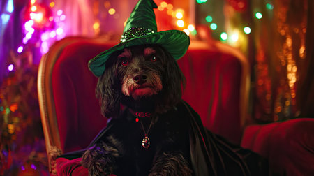 Black terrier dressed as a witch, with a green hat and black robe, sitting on a velvet chair at a Halloween party, surrounded by eerie decorations and colorful party lights.の素材