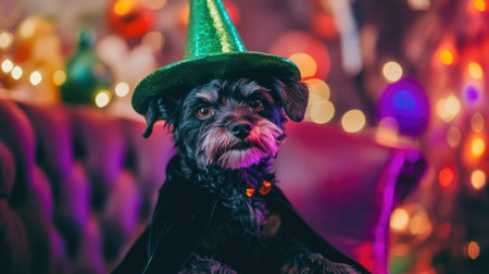 Black terrier dressed as a witch, with a green hat and black robe, sitting on a velvet chair at a Halloween party, surrounded by eerie decorations and colorful party lights.の素材