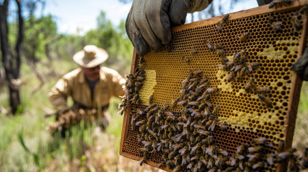 Bees covering a honeycomb frame with their queen in the center, as a beekeeper inspects the hive, looking for honey and ensuring the health of the colony.の素材