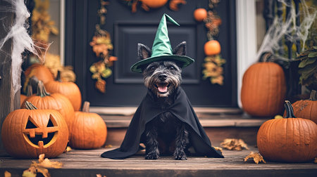 Black terrier dressed in a witch outfit, complete with a green hat and black robe, sitting on a porch surrounded by pumpkins and cobwebs, grinning happily for Halloween.の素材