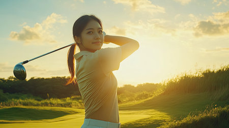 Asian woman golfer mid-swing, training her golf skills on a vibrant green course at sunset. Exercise and healthy living through sports.の素材