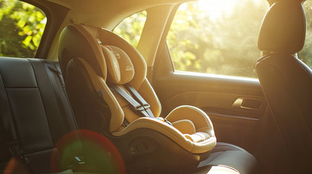 A rear-facing infant car seat securely fastened in the back seat of a vehicle. The car's interior is clean and the sunlight streams in through the window, highlighting the safety setup.の素材