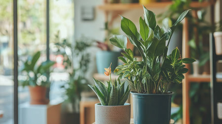 A modern interior filled with thriving indoor plants in decorative pots, each meticulously cared for with tools for flower care and household crop production visible in the background.の素材