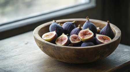 A mix of whole and halved figs arranged in a wooden bowl, placed on a rustic table for a natural, wholesome vibe.の素材