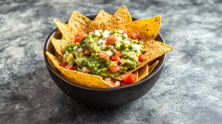 A mouthwatering bowl of guacamole with salted tortilla chips, beautifully arranged on a grey marble table. Perfect for snacking.の素材