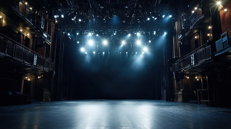 A wide shot of an empty theater stage, illuminated by multiple spotlights with a dark, shadowy background. The dramatic lighting sets a tense, expectant mood.の素材