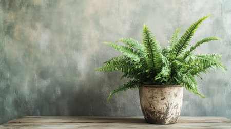 A potted fern sits gracefully on a wooden table, the textured wall creating a neutral backdrop that highlights the plant's vibrant green leaves.の素材