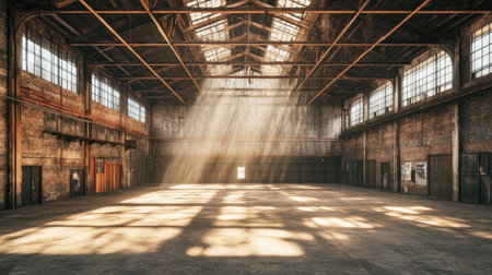 A rustic warehouse with sunlight pouring through the windows, casting shadows across the open space and highlighting the exposed steel and wooden beams.の素材
