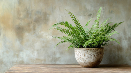 A potted fern with delicate fronds sits on a wooden table, the textured wall behind providing a perfect neutral background for this natural decor.の素材