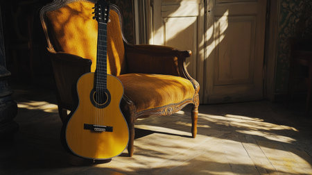 A minimalist composition of an acoustic guitar by a vintage armchair, bathed in hard light, casting distinct shadows across the room's floor and walls.の素材