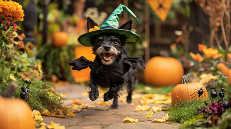 A playful black terrier in a witch costume, featuring a green hat and black robe, running through a yard decorated for Halloween with pumpkins, spiders, and witchesae brooms.の素材