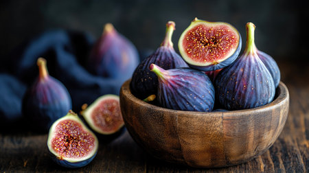 A wooden bowl full of ripe figs, some cut in half to display their colorful interior, set on a rustic table for a close-up food shot.の素材