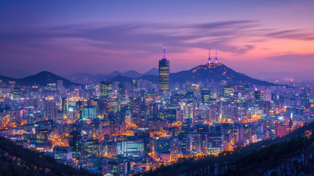 A stunning view of Seoul's city skyline at night, illuminated skyscrapers with Namsan Mountain and the Namsan Tower glowing in the background, framed by the distant Bukhansan peaks.の素材