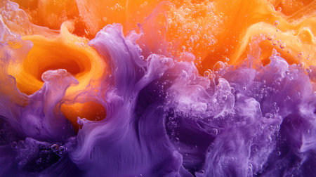 A dramatic underwater explosion of orange and purple acrylic paint, blending together as they spread in dynamic motion, creating a surreal abstract composition.の素材