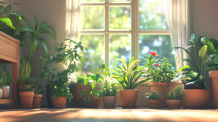 A cozy room filled with a variety of indoor plants in stylish flower pots, showcasing a thriving indoor garden. Natural light streams in, creating a perfect environment for plant care.の素材