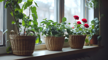 A cozy apartment filled with greenery and homemade roses in beautiful wicker baskets. The plants on the windowsill create a fresh, peaceful vibe.の素材