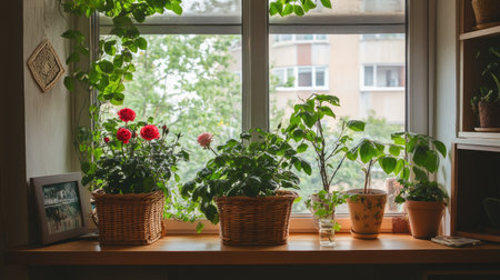 A cozy apartment filled with greenery and homemade roses in beautiful wicker baskets. The plants on the windowsill create a fresh, peaceful vibe.の素材