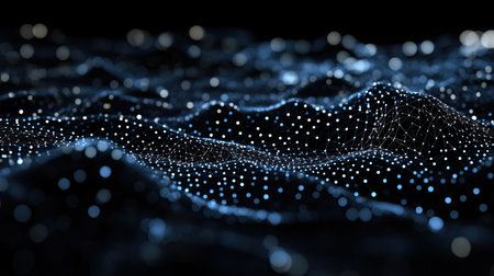A complex 3D rendering of interconnected dots and lines on a dark background, representing digital networks and data communication.の素材