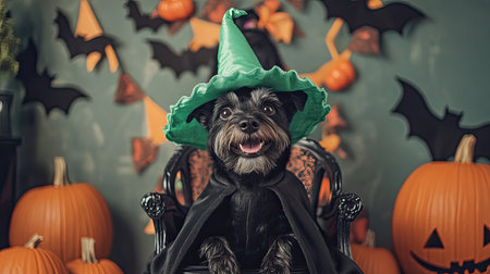A happy black terrier wearing a green witch hat and a black robe, sitting on a spooky-themed chair at a Halloween party, surrounded by pumpkins and bats.の素材