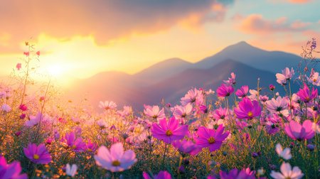 A colorful field of cosmos flowers at sunset, with mountain peaks in the distance and golden rays illuminating the blooms, creating a stunning natural scene.の素材