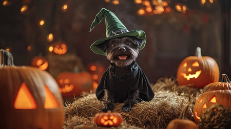 A grinning black terrier wearing a green witch hat and black robe, sitting on a haystack surrounded by jack-oae-lanterns and Halloween party props, ready for the celebration.の素材