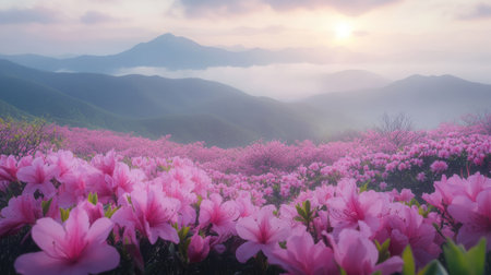 A field of pink azaleas on Hwangmaesan Mountain in the early morning, with sunlight breaking through the fog and distant mountain ranges framing the scene.の素材