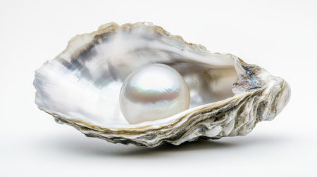 A close-up of a natural pearl nestled inside the folds of an oyster shell, the iridescent nacre reflecting light, set on a clean white background.の素材