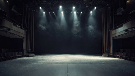 A dimly lit empty theater stage, with sharp spotlights casting light on the center floor while the dark backdrop adds depth and mystery to the scene.の素材