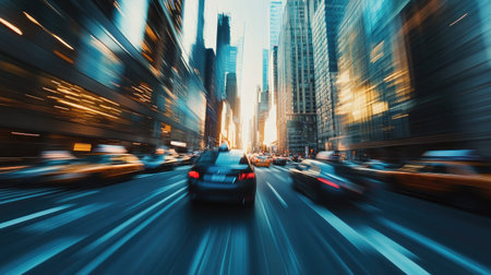 A dynamic shot of a car driving down a busy city boulevard, with tall skyscrapers and motion blur in the background, evoking a sense of modernity and speed.の素材