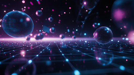 A high-tech digital background with 3D rendering of glowing grids and floating spheres, representing data and connectivity.の素材