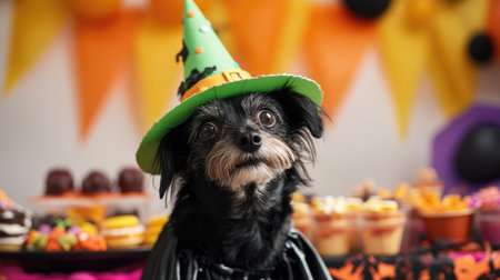 A black terrier dressed as a witch, with a playful green hat and black robe, standing in front of a Halloween party table filled with themed treats and spooky decorations.の素材