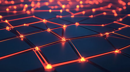 3D rendering of a digital grid with glowing nodes and connected lines, representing data flow and modern technology.の素材