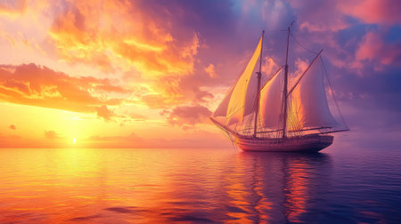 A big sailboat with sails unfurled, gliding over calm seas during a breathtaking sunset, with orange and pink hues filling the evening sky.の素材