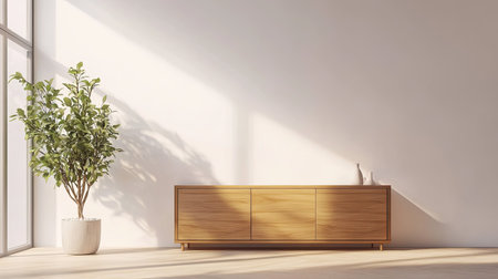 3D rendering of a stylish white room featuring a wooden cabinet with a sleek design, minimal decor, and soft lighting, creating a modern aestheticの素材