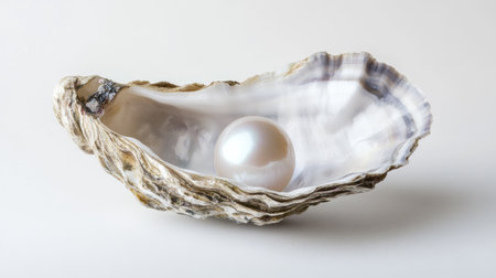 A beautiful pearl nestled in the gleaming nacre of an oyster shell, shot against a plain white background, symbolizing purity and opulence.の素材