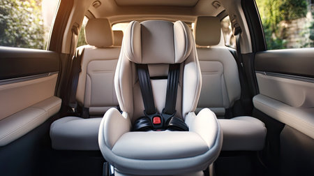 A clean, empty child car safety seat in a rear passenger seat of an SUV. The seat is facing forward, secured with seatbelts, and ready for safe travel. The caraes interior is spacious and tidy.の素材