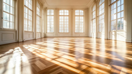 A bright, empty room with a sleek parquet floor and high ceilings, with natural sunlight creating a pattern on the floor, exuding a clean and open spaceの素材