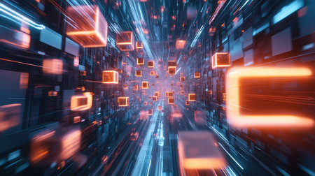 3D rendering of floating cubes and light trails in a digital space, representing modern technology and innovation.の素材