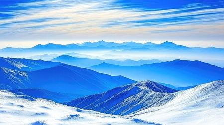 A beautiful winter morning in Thailand, with mist-covered valleys and distant mountain peaks glowing under a golden horizon. --chaos 70の素材